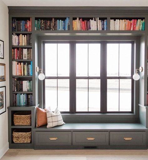 Reading Chair In Front Of Window, Bookcase Around Bay Window, Window Seat Book Shelf, Bookshelves By Window, Window Seat And Bookshelves, Window Seat In Library, Above Window Bookshelf, Bookshelf Wall With Bench, Home Library Window Seat