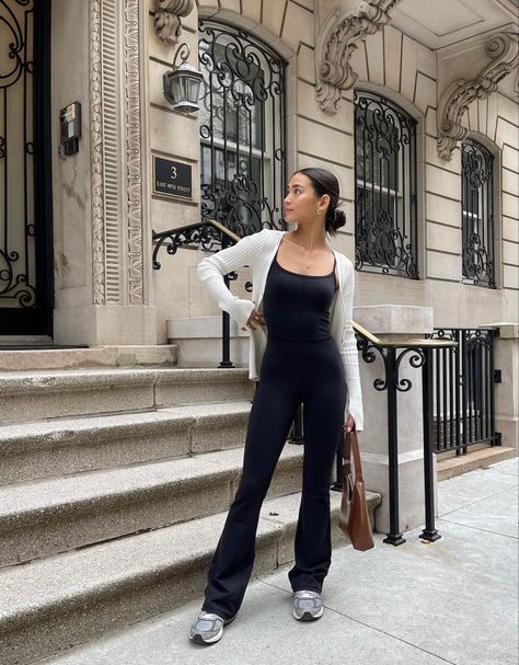 Flare Leggings Cardigan Outfit, Jumpsuit Outfit Leggings, Black Jumpsuit Outfit With Cardigan, Flare Pants And Cardigan Outfit, Black Active Jumpsuit Outfit, Body Suit Pants Outfit, Unitard And Cardigan Outfit, Flair Jumpsuit Outfit, Black Flare Jumpsuit Outfit