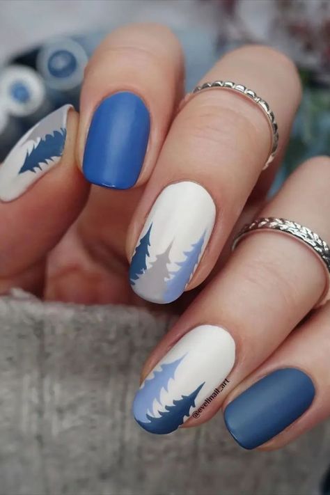 Nails For Switzerland, Nails With Tree Design, New Gel Nail Designs 2023, Nails Tree Design, Trendy Winter Nail Designs, Beach Winter Nails, Alaska Vacation Nails, Earth Nail Art, Mountain Nail Ideas