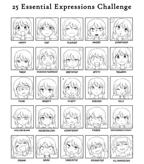 Expressions Template, Drawing Anime Faces, Expression Challenge, Facial Expressions Drawing, Expression Sheet, Emotion Faces, Drawing Face Expressions, Manga Tutorial, Drawing Tutorials For Beginners