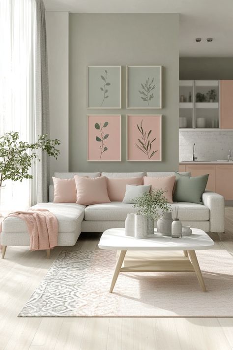 Discover the elegance of modern living room decor with soft hues and natural elements. This space blends pastel tones with contemporary furniture, creating a fresh and inviting atmosphere. Perfect for a serene and stylish home. #LivingRoomDecor #HomeStyle #ModernLiving Neutral Pastel Living Room, Pink And Cream Living Room Ideas, Muted Pink Living Room, Drawing Room Color Ideas, Lilac Living Room Ideas, Living Room Pastel Colors, Pink And Green Living Room, Mauve Living Room, Pastel Colors Living Room