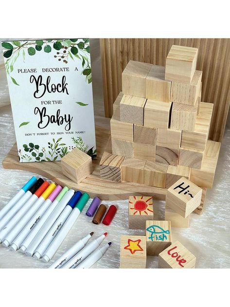 BabyShower Games Sign Kit Including Decorate A Block Game Sign 30 DIY Blank Wooden Block 12 Acrylic Paint Marker Guestbook BabyShower For Gender Reveal Wood Color    WPC     Event & Party Supplies, size features are:Bust: ,Length: ,Sleeve Length: Decorate A Block, Golf Baby Showers, Baby Blocks Baby Shower, Golf Baby, Baby Event, Spring Brunch, Baby Shower Brunch, Baby Shower Inspiration, Baby Blocks