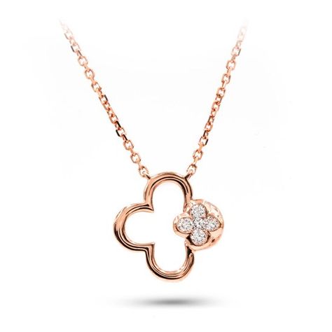 On trend, this clover pendant is fixed to a shiny chain made out of 14k white or rose gold.  At half and inch wide and half an inch tall, this necklace is perfect for everyday wear and includes the chain.  5 diamonds at 0.05cttw. Rose Diamond Necklace, Necklace Pendant Design, White Diamond Necklace, Diamond Pendants Designs, Clover Jewelry, Diamond Fashion Jewelry, Colored Stone Rings, Clover Pendant, Diamond Necklace Designs