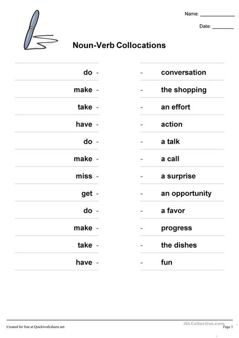 Noun Verb Collocations - English ESL Worksheets for distance learning and physical classrooms Collocations English, Verb Collocations, Nouns And Verbs Worksheets, Teaching In Japan, Verbs Worksheet, Part Of Speech Noun, Nouns And Pronouns, Homeschool Worksheets, Nouns Worksheet