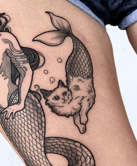 Mermaid Tail Tattoo, Aquatic Tattoo, Nautical Compass Tattoo, Compass Tattoo Men, Mother Of Cats, Floral Tattoo Shoulder, Street Tattoo, Mermaid Cat, Cool Chest Tattoos