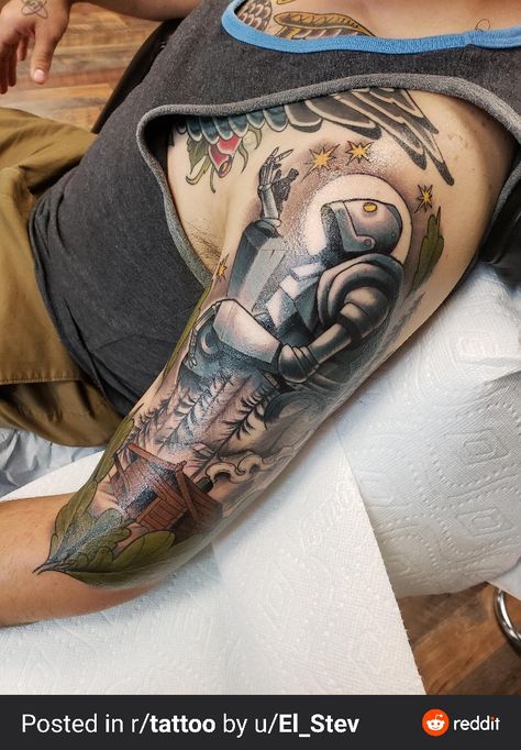 Woodwork Tattoo, Iron Giant Tattoo, Giant Tattoo, Tattoo Cover Ups, Iron Giant, Batman Tattoo, Movie Tattoos, The Iron Giant, Traditional Tattoo Sleeve