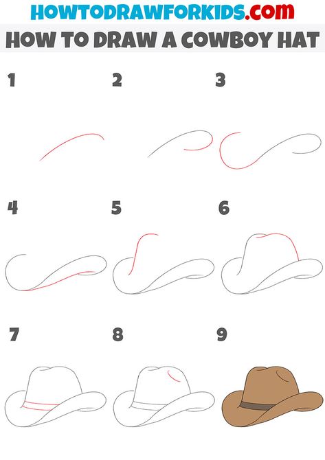 Step By Step Cowboy Hat Drawing, Easy Cowboy Boots Drawing, Cowboy Hat Sketch Easy, Drawings Of Cowboy Hats, Cowgirl Hat Drawing Easy, Cowgirl Boots Drawing Easy, How To Draw A Cowboy Hat Step By Step, Cow Boy Hat Sketch, Cowboy Hat Simple Drawing