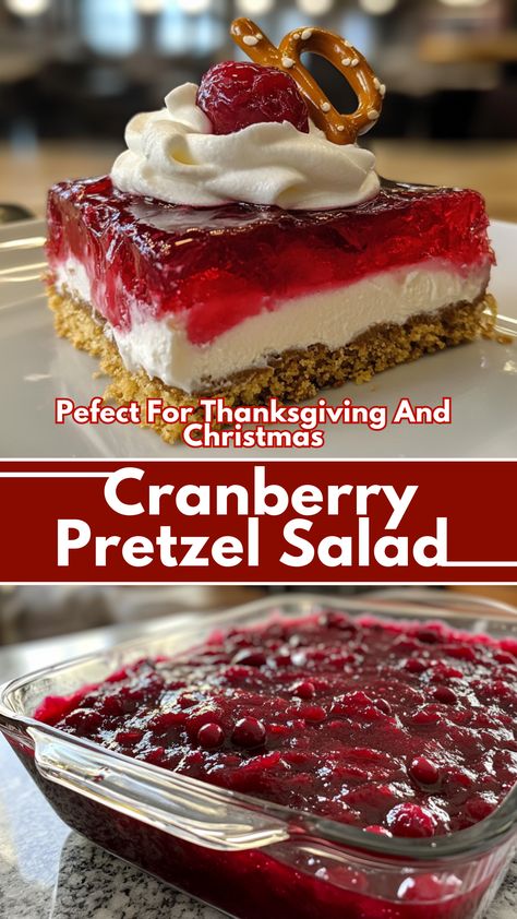 Cranberry Pretzel Salad - Pefect For Thanksgiving And Christmas Christmas Holiday Side Dishes, Cream Cheese Salad Recipes, Cranberry Delight Dessert, Cranberry Yum Yum Dessert, Pretzel Cranberry Salad, Cranberry Bars With Fresh Cranberries, Pretzel Dessert Christmas, Holiday Pretzel Salad, Cranberry Jello Fluff Salad