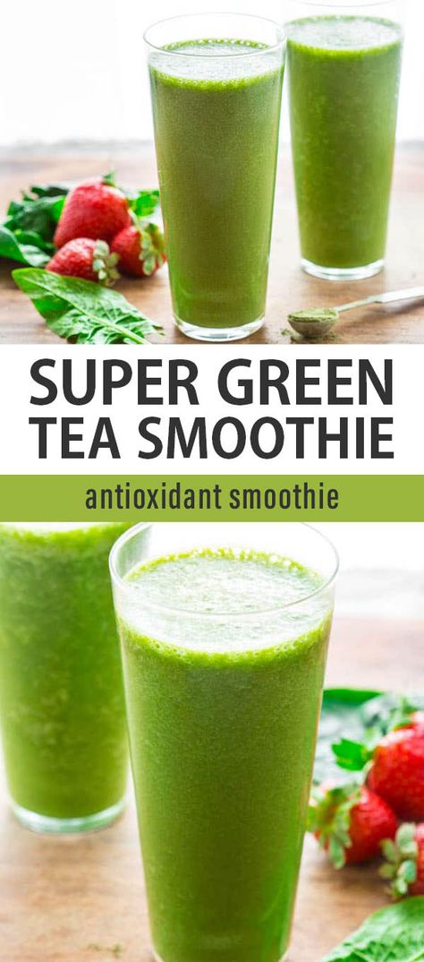 This Super Green Tea Smoothie gets its color from spinach and matcha green tea powder. It’s loaded with protein, vitamins and antioxidants! Stomach Fat Diet, Antioxidant Smoothie, Green Tea Smoothie, Banana Drinks, Breakfast Low Carb, Green Tea Benefits, Fat Burning Smoothies, Matcha Green Tea Powder, Healthy Teas