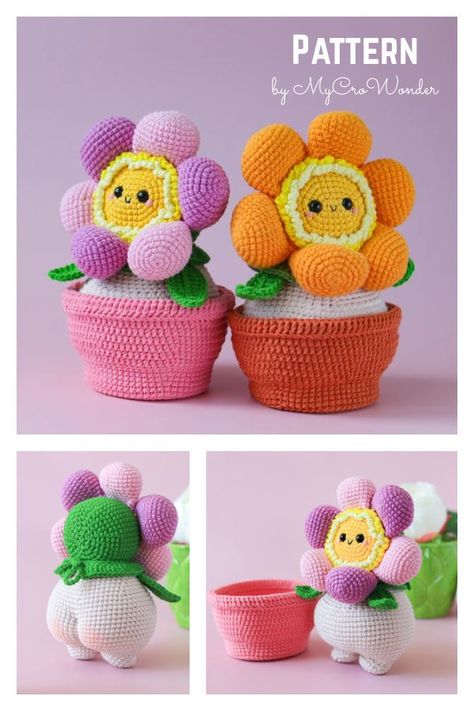 Kawaii, Fimo, Crochet Flower With Pot, Flower In Pot Crochet, Easy Flower Crochet Pattern, Crochet Flower Pots Free Pattern, Crochet Flower Plush, Amigurumi Flower Pot, Crochet Flower In Pot