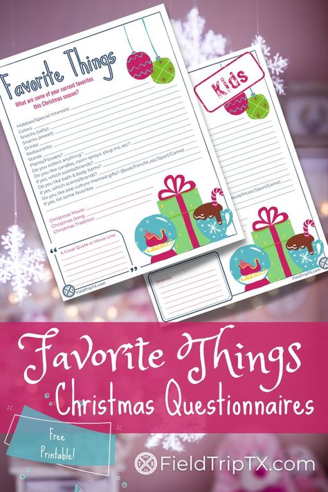 Need gift ideas for friends, family, coworkers, or a Secret Santa this Christmas? These free Favorite Things wish lists should help! Print these Christmas Gift Questions to spark ideas for everyone on your list. #ChristmasGiftIdeas #FavoriteThingsPrinatble Christmas Gift Exchange Questionnaire, Gift Questionnaire For Friends, Christmas Gift Questionnaire For Family, My Favorite Things List Free Printable, Favorite Things List Questions, Favorite Things Questionaire, Favorites List Questions For Gifts, List Of Favorite Things Questions, Secret Santa Questionnaire For Kids