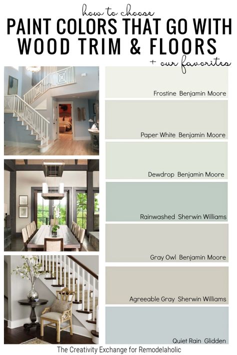 Choose the right paint color to go with your wood trim or wood floors with these simple tips (and mistakes to avoid!) from The Creativity Exchange on Remodelaholic. #Remodelaholic #paintcolortogowithwoodfloors Paint Colors For Walls With Wood Trim, Paint To Go With Wood Floors, What Paint Color Goes With Dark Wood Trim, What Color Paint Goes With Dark Wood Floors, Paint Colors That Look Good With Wood, Best Wall Color For Wood Trim, Living Room Designs With Wood Trim, Paint Color With Wood Floors, Blue Paint Wood Trim