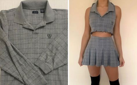 Upcycled Polo Shirt, Upcycled Two Piece Set, Polo Thrift Flip, Shirt Into Skirt, Polo Shirt Upcycle, Skirt Thrift Flip, Dress Into Two Piece Diy, Diy Two Piece Outfit, Old Clothes Diy Upcycling