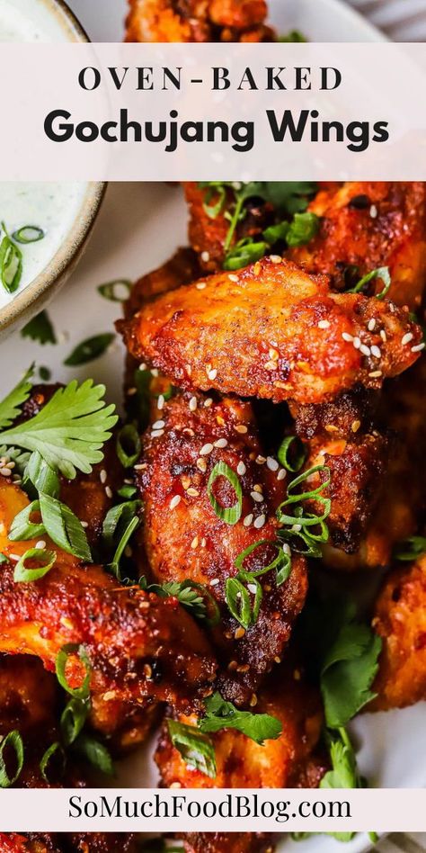 These crispy Korean wings with a gochujang glaze are oven-baked, gluten-free, and so easy to make! Spanish Mussels Recipe, Gochujang Glaze, Korean Wings, Chicken Wings Recipe Oven, Marinated Wings, Mexican Grilled Chicken, Jalapeño Ranch, Gochujang Recipe, Easy Chicken Wing Recipes