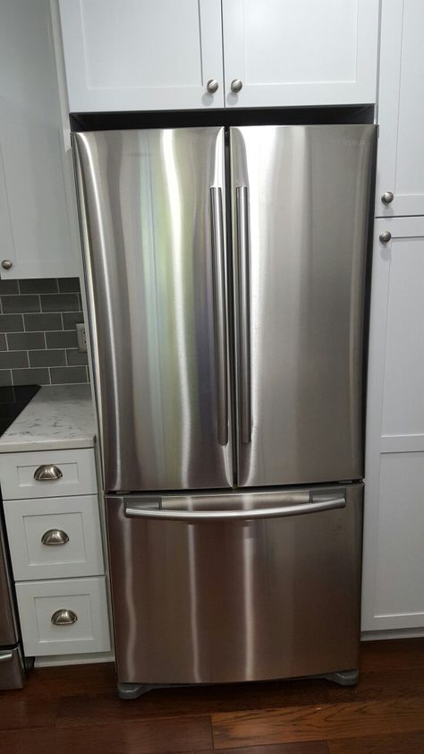 The only 33 inch french door stainless refrigerator available is by Samsung.  Interior space is somewhat limited, but we find it adequate.  We like it very much! Space Above Refrigerator, Space Above Fridge, Cabinet Above Refrigerator, Above Fridge Storage, Above Fridge Cabinet, Above Refrigerator, Top Of Fridge, Above Fridge, Fridge Ideas