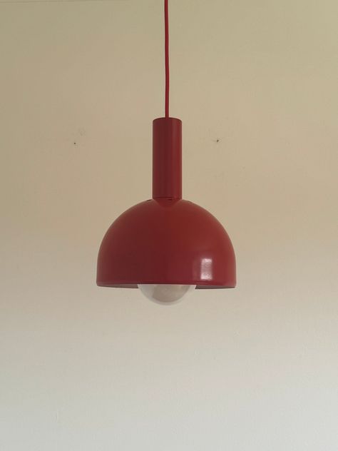 Red Metal Vintage Ceiling Lamp / MCM Pendant Light / Hanging Lamp / Danish Design / Yugoslavia / Sijaj Hrastnik Factory / 1970s Step back in time to the groovy 1970s with this stunning Danish-designed ceiling light. Crafted from vibrant red metal at the renowned Sijaj Hrastnik factory in Yugoslavia, this hanging lamp exudes retro charm. Perfect for adding a touch of midcentury modern flair to your home decor, this vintage pendant light is ideal for illuminating your kitchen with a warm and inviting glow. Elevate your space with this timeless piece that blends nostalgia with functionality effortlessly. *All electrical components are new. *Lamp works with 220V and 110V ( wiring is suitable for worldwide use). *Requires an Edison E27/E26 bulb. *Height can be adjusted for higher or lower ceili Lamp Danish, Red Ceiling, Mid Century Modern Lamps, Red Lamp, Pendant Lighting Bedroom, Vintage Ceiling, Vintage Pendant Lighting, Mid Century Modern Lighting, Light Hanging