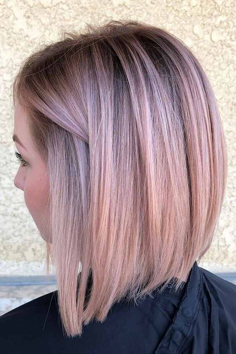 Rose Bright Bob Haircuts For Brave Girls #bobhaircut #stackedbob #haircuts #mediumhair #straighthair Rose Gold Hair Brunette, Pastel Pink Hair Color, Gold Hair Colors, Fine Straight Hair, Hair Color Rose Gold, Pastel Pink Hair, Vlasové Trendy, Bob Haircut For Fine Hair, Angled Bob