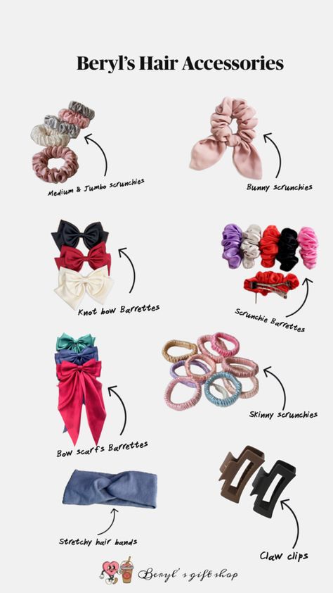 A collage of various hair accessories including scrunchies, bow barrettes, and other trendy hair adornments. Trendy Hair Accessories, Hair Bows Diy Ribbon, Scrunchie Styles, Bow Scarf, Scrunchies Diy, Knot Bow, Bows Diy Ribbon, Haircuts Straight Hair, Curly Hair Routine