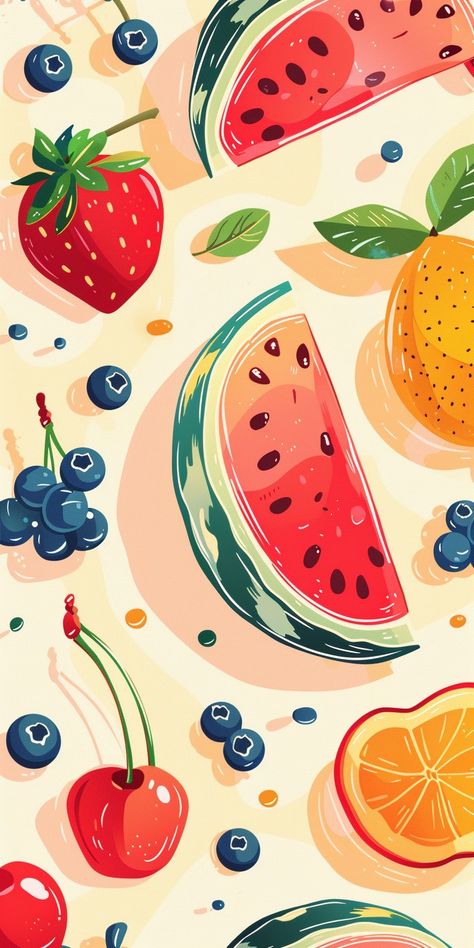 Watercolor Summer Wallpaper, Fruit Background Aesthetic, June Phone Wallpaper, June Iphone Wallpaper, Summer Time Wallpaper, June Aesthetic Wallpaper, Wallpaper Backgrounds Fruit, Summer Fruit Aesthetic Wallpaper, June Wallpaper Aesthetic