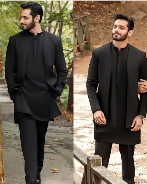 Wahaj Ali In Kurta Pajama, Indian Outfit Men Wedding, Pakistani Wedding Dresses Men, Designer Kurta For Men Fashion, Kurta For Boys Wedding, Wahaj Ali Outfits, Stylish Kurta For Men Black, Wahaj Ali Kurta Design, Wedding Kurta For Men Indian Groom