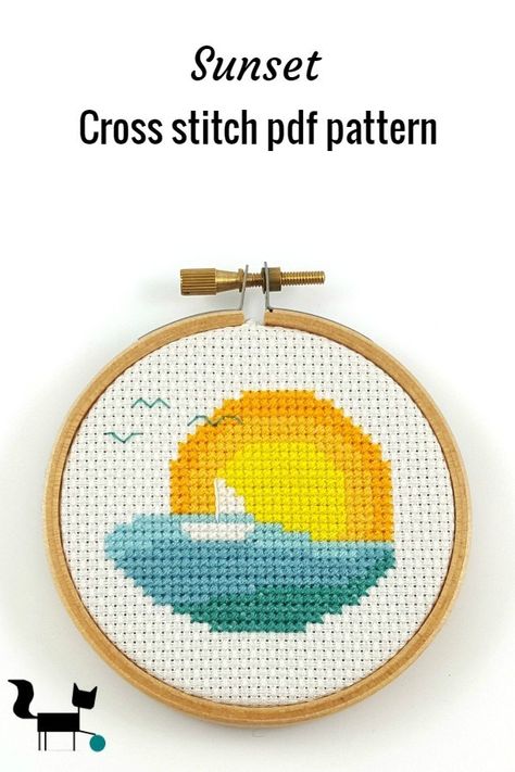 This minimalist sunset cross stitch pdf pattern can be made using only 7 different DMC colors. If you use 14 count aida it will fit in a 3 inch embroider hoop. #sunset #sunrise #crossstitchpdfpattern Cross Stitch Beginner, Cross Stitch Hoop, Tiny Cross Stitch, Xmas Cross Stitch, Nature Cross Stitch, Hama Bead, Framed Cross Stitch, Mini Cross Stitch, Beaded Cross Stitch