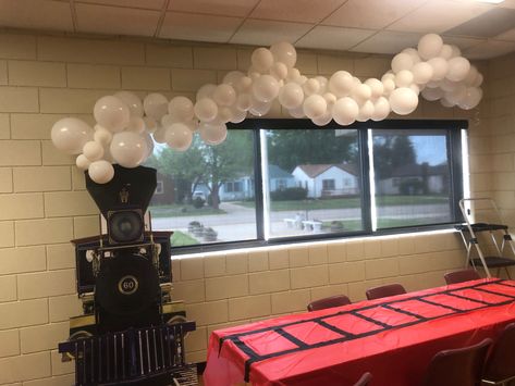 Christmas Polar Express Decorations, Polar Express Entrance, Polar Express Balloons, Train Parade Float Ideas, Polar Express Train Door Decorations, The Polar Express Classroom Door, Train Float For Parade, Polar Express Theme Activities, Polar Express Ticket Booth Diy