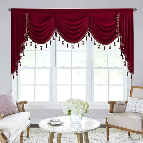 Amazon.com: StangH Theater Red Velvet Curtains - Luxury Christmas Waterfall Swag Valances Room Darkening Blackout Privacy Window Drapes for Bathroom/Living Dining Room/Media, W79 inches, 1 Panel : Home & Kitchen Red Velvet Curtains, Valances For Living Room, Waterfall Valance, Swag Curtains, Wave Curtains, Stylish Curtains, Luxury Christmas, Primary Bedroom, Curtain Valance