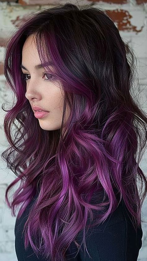 Striking and Stylish: 25 Purple Hair Colors for a Bold New You Hair Dye Color Combinations, Balayage, Beautiful Hair Colour Ideas, Hair Color Inspo For Brunettes, Maroon And Purple Hair, Shinobu Inspired Hair, Funky Coloured Hair, Berry Ombre Hair, Purple Vivid Hair