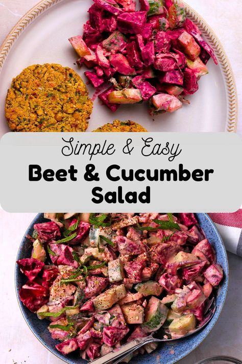 Delicious beet and cucumber salad with fresh mint, red onion, and creamy tahini dressing with Middle Eastern za’atar seasoning. Prepare this simple and easy side salad in 20 minutes using cooked beets. It’s made with simple, healthy vegan ingredients, no added oil, and is gluten-free. Instructions for cooking raw beets on the stovetop or Instant Pot or for using them raw in your salad are included. Beet And Cucumber Salad, Mint Recipes Fresh, Easy Side Salad, Cooked Beets, Vegan Chicken Salad, Shawarma Spices, Beet Salad Recipes, Oil Free Vegan Recipes, Raw Beets