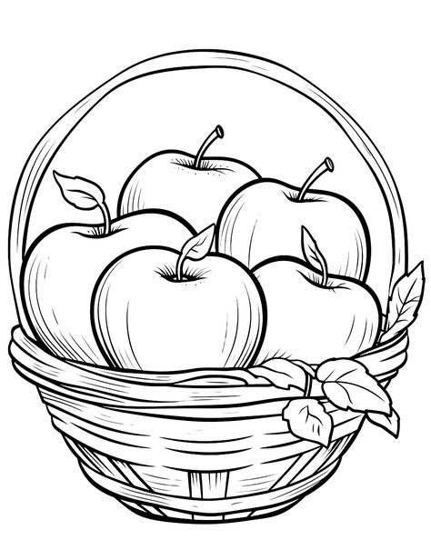 Basket Full of Apples: A basket overflowing with apples of different sizes. (Free Printable Coloring Page for Kids) Apple Basket Drawing, Apple Pictures Drawing, Basket Of Apples Drawing, Free Apple Coloring Pages, Fruits Coloring Pages For Kids, Drawing Sheets Free Printable, Apple Drawing Kids, Apple Clipart Black And White, Apple Coloring Page Free Printable