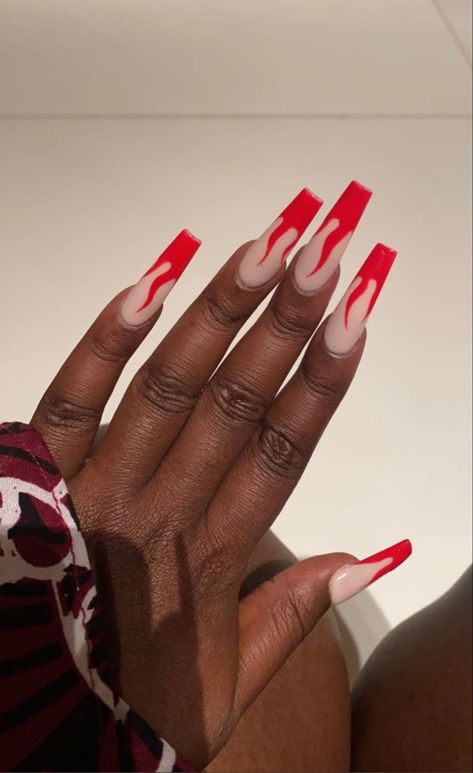 Coffin nails with red flame design Acrylic Nail Flame Design, Red Aries Nails, Red Fire Nails Designs, Red Flame Nail Designs, Nail Fire Art Red, Nails Acrylic Flame, Nail Flame Design, Nail Designs Fire, Acrylic Nails Flames