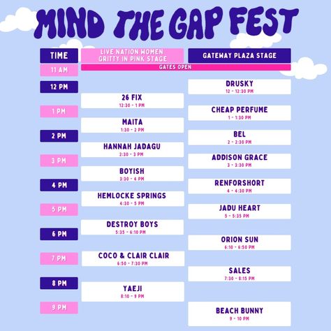 🌟🎸 FESTIVAL SCHEDULE UPDATE!! 🎵💫⁠ ⁠ Ticket prices go up day of so make sure to get your tickets before Saturday morning at www.mindthegap.fest.com #mindthegapfestival #lineupschedule Graphic Design Schedule, Minimalistic Website Design, Timetable Design, Festival Schedule, Booklet Layout, Time Schedule, Mind The Gap, Group Work, Music Film