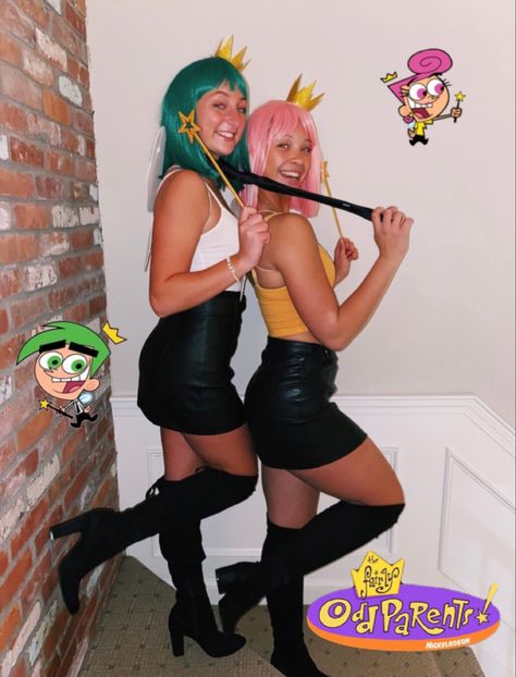 Cosmo: Green wig-amazon White tank-forever 21 Leather skirt-forever 21 Wanda: Pink wig-amazon Yellow tank-forever 21 Leather skirt-forever 21 Crowns,wands, and wings- amazon #wanda #cosmo #fairlyodd #fairy Halloween Cosmo And Wanda, Casmo And Wanda Halloween Costumes, Green Wig Halloween Costume, Fairy Oddparents Costume, Green Wig Costume Ideas, Cosmo E Wanda Costume, Cosmo Wanda And Timmy Costume, Pink Wig Halloween Costume Ideas, Pink Wig Halloween Costume