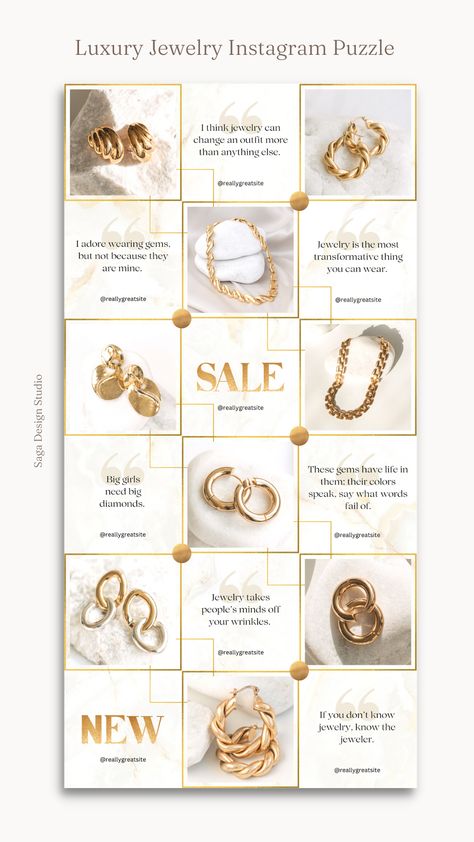 Luxury Canva Templates, Luxury Instagram Templates, Gold Instagram, Jewelry Canva, Gold Jewelry, Instagram Layout Canva Jewelry Template, Jewellery Page Name Ideas For Instagram, Jewellery Grid Design, Jewelry Template Design, Jewelry Ig Post, Jewelry Business Branding, Aesthetic Jewelry Instagram Feed, Jewellery Post Ideas, Jewelry Catalog Design Layout