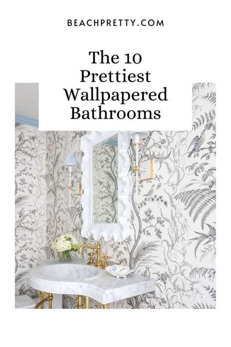 Powder Room Ideas Wallpaper, Powder Room Wallpaper Modern, Coastal Powder Room Ideas, Wallpapered Bathrooms, Powder Bath Wallpaper, Coastal Powder Room, Small Powder Room Wallpaper, Coastal Home Design, Powder Bathroom Ideas