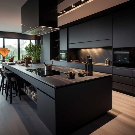 Luxury Black Kitchen, Modern American Kitchen, American Kitchen Design, Black Kitchen Design, Modern Black Kitchen, تصميم للمنزل العصري, Interior Vintage, Modern Kitchen Design Luxury, Modern Kitchen Cabinets