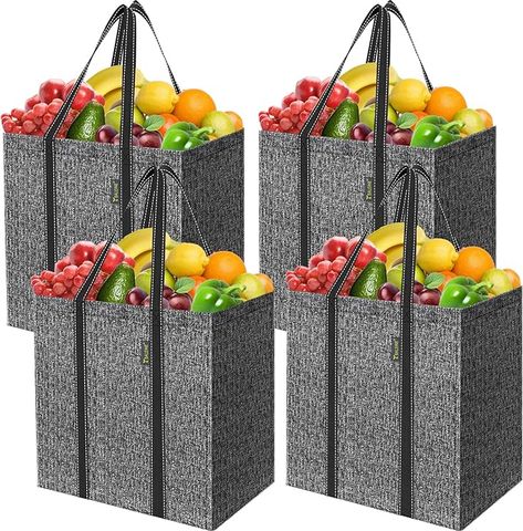 BALEINE 4 PK Grocery Bags Reusable Shopping Bags with Reinforced Bottom, Heavy Duty Foldable Tote Bags (Grey) Bottom Heavy, Eco Friendly Shopping Bags, Shopping Totes, Grocery Tote Bag, Grocery Shopping Bags, 50 Pounds, Grocery Tote, Grocery Bags, Reusable Shopping Bags