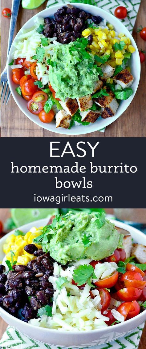 Easy Homemade Burrito Bowl Chipotle Burrito Bowl Recipe, Homemade Burrito Bowl, Quick Guacamole, Chipotle Burrito Bowl, Burrito Bowl Recipe, Chipotle Burrito, Recipe Copycat, Gf Meals, Gluten Free Dinner Recipes