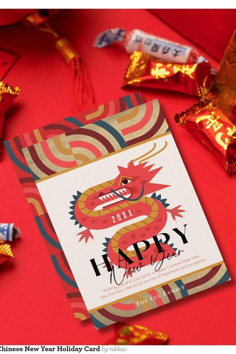 2024 Dragon Gold Chinese New Year Holiday Card 2024 Dragon, Chinese New Year Card, Chinese Year, Happy May, Happy Wishes, New Year Holidays, New Year Card, Red Dragon, Holiday Card