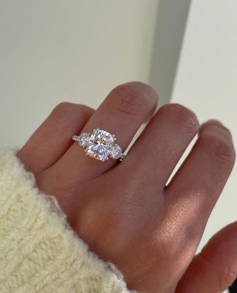 Pretty Engagement Rings, 14k Gold Wedding Ring, Cute Engagement Rings, Cushion Engagement Ring, Future Engagement Rings, Cushion Cut Moissanite, Three Stone Engagement Ring, Cushion Cut Engagement Ring, Round Engagement Rings