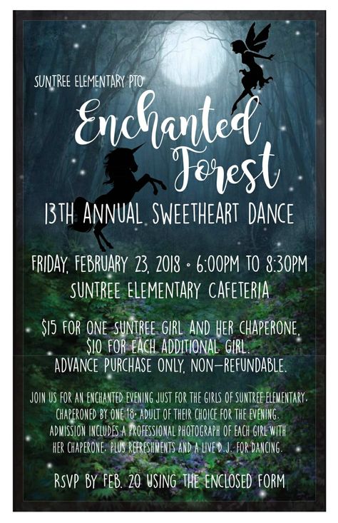 Suntree Elementary PTO "Enchanted Forest 13th Annual Sweetheart Dance invitation by Visual Delights DESIGN Enchanted Forest Father Daughter Dance, Enchanted Dance Theme, Sweetheart Dance Themes, Dance Themes Elementary, Elementary School Dance Ideas, Father Daughter Dance Themes Schools, Enchanted Forest Dance, Elementary School Dance Themes, School Dance Decorations