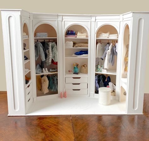 The Walk-in Closet and The Dress Cabinet – 1:6 scale DIY kit – Fashion Doll Size Miniature Diorama Furniture Dollhouse Walk In Closet, Decorated Wardrobe, Vintage Walk In Closet, Barbie Furniture Plans, Diy Doll Closet, Barbie Closet, Dress Up Storage, Doll Storage, Miniature Diorama