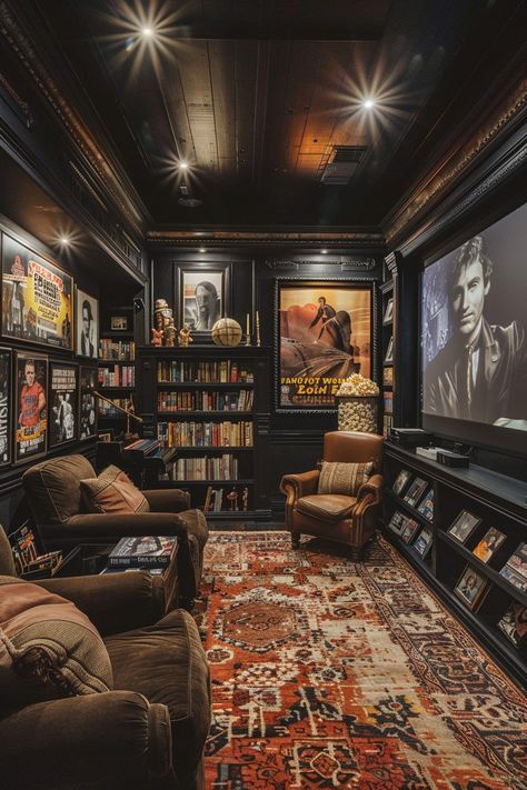 Movie Nook Spaces, Gothic Home Theater, Film Noir Decor, Cozy Projector Room, Movie Room Luxury, Vintage Movie Theater Interior, Dark Academia Tv Room, Cozy Theater Room, Moody Movie Room