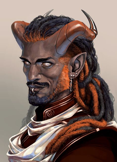 Arcanaloth Art, Dnd Characters Character Concept Art, Satyr Portrait, Black Tiefling Male, Black Dnd Characters, Dnd Character Portraits, Dnd Male Character Design, Dnd Npc Art, Tiefling Male