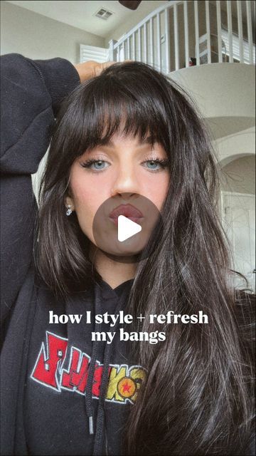 AUTUM RAIN on Instagram: "how I style and refresh my bangs 🎀 i’ll usually do this in between washes to bring some life back into them :)   #hairtutorial #hairbangs #fringebangs #hairstyletutorial" How To Wear A Beanie With Bangs, How To Style Bangs Without Heat, How To Do Bangs, How To Style Bangs With Flat Iron, Black Hair With Bangs, Bangs Back, Fringe Bangs, How To Style Bangs, Flat Iron