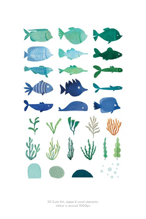 Cute Fish Clipart, Blue & Green Watercolor Sealife Illustrations Algae, Corals and Fish, Instant Download - Etsy Blue Green Watercolor, Fish Clipart, Sea Life Art, Graphic Arts Illustration, Watercolor Fish, Fish Illustration, Cute Fish, Fish Drawings, Green Watercolor