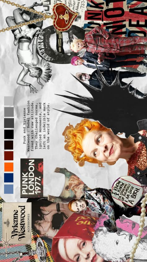 Punk Fashion Mood Board, Vivienne Westwood Artist Research Page, Vivienne Westwood Punk Aesthetic, Vivienne Westwood Orb Drawing, Collage Moodboard Fashion, Vivienne Westwood Sketchbook, Vivienne Westwood Color Palette, Punk Moodboard Fashion, Vivienne Westwood Artist Research