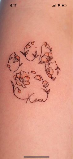 Cute Tattoos For Your Dog, Lily Dog Tattoo, Dog Paw Print With Roses Tattoo, Floral Dog Tattoo Design, Memorable Dog Tattoos, Gsd Tattoo Simple, Tattoos In Memory Of Cat, Simple Tattoos For Dogs That Passed, Dog Ear Tattoo With Flowers