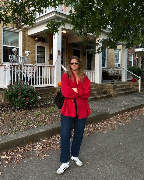 the perfect red button up 🙌🏼 @badtouristvintage Fall outfit ideas, fall style inspo, vintage style, oversized shirt, sustainable style Corduroy Button Up Shirt Outfit, Red Button Up Outfit, Oversize Button Up Shirt Outfit, Vintage Button Up Shirt Outfits, Red Button Up Shirt Outfit, Oversized Button Up Shirt Outfit, Style Inspo Vintage, Button Up Shirt Outfit, Thrift Wishlist