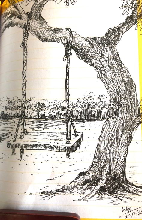 Outside Drawings Easy, Banyan Tree Sketch, Tree Trunk Drawing, Draw Landscape, Abstract Art Projects, Tire Swing, Tree Sketches, Pen Art Drawings, Animal Portraits Art